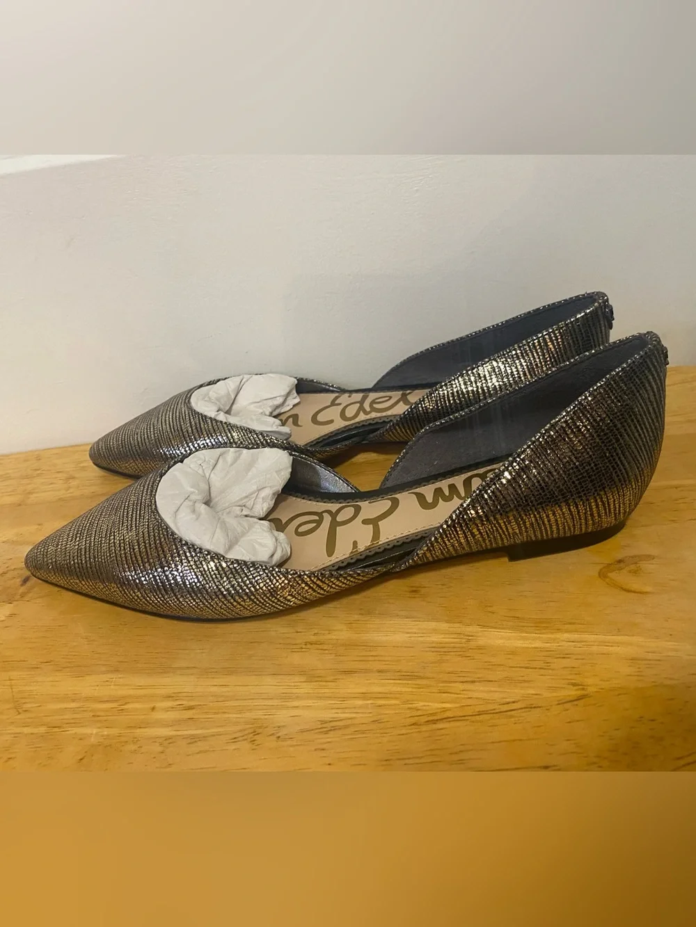 Sam Edelman Metallic Gold Textured Pointed-Toe D'Orsay Flats